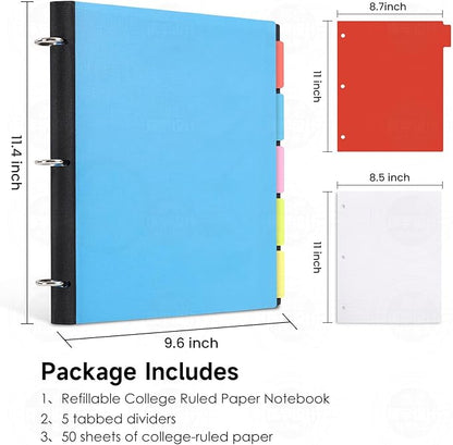 Pivotable Refillable Notebook, Notebook with Dividers and Tabs, 50 College Ruled Paper, 5 Plastic Tabbed Subject Dividers, 200 Sheets Capacity- Blue