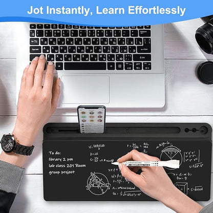 Desktop Glass Whiteboard with Storage, Desk Board with Computer Keyboard Stand, White Dry Erase Board with Drawers for Home, School, Office Desk Organizers and Accessories - Black