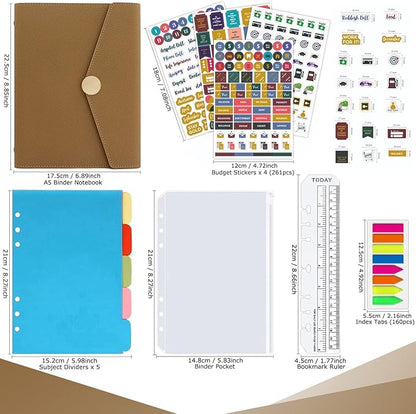 HXRTANGS PU Leather Notebook Binder Set A5, Refillable Writing Journal Planner Organizer with Paper Refills, Index Flags, Subject Dividers, Budget Stickers, Zipper Pocket and Bookmark Ruler, Khaki