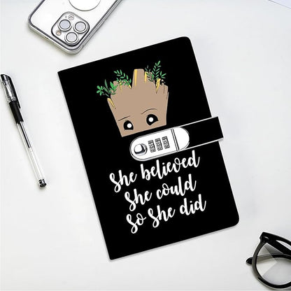 Funny Groot Gifts Leather Combination Lock Notebook Always Remember You’re Braver Than You Believe Leather Locked Journal Notebook Birthday Gifts for Daughter Son (she believed)