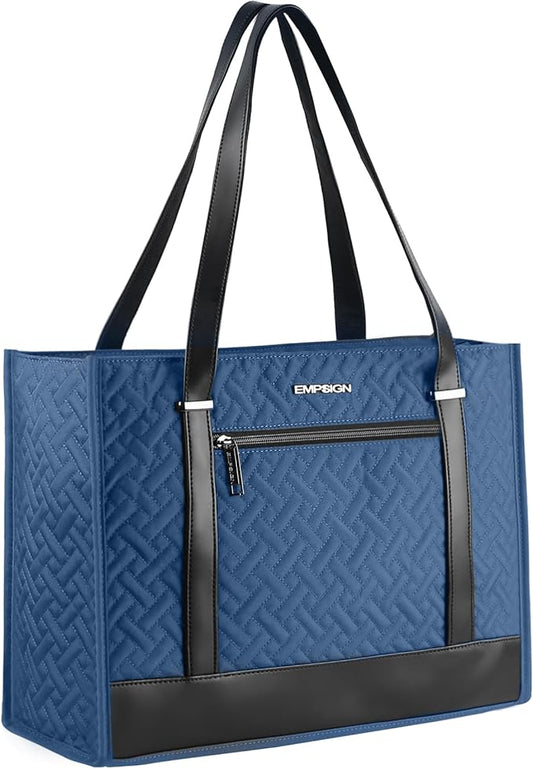 EMPSIGN Laptop Tote bag for women 16 Inch, Stylish Computer Shoulder Tote Bag for Work, Large Capacity Quilted Laptop Briefcase, Waterproof Women Business Office Bag, Quilted Haze Blue