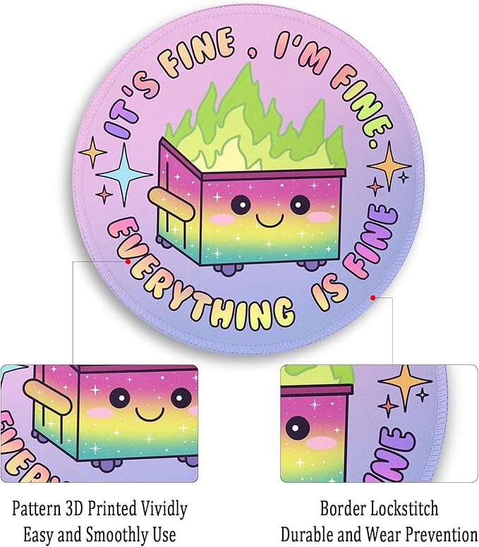 Gctriki Gradient Dumpster on Fire Mouse Pad, Cute Round Mouse Pads for Desk, Funny Purple Mousepad for Laptop Gaming, Stitched Edge Non-Slip Rubber Base, Cute Office Desk Accessories Decor for Women