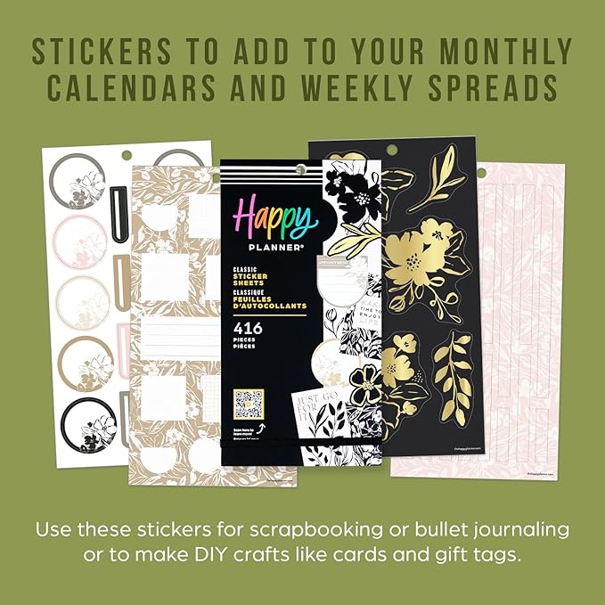 Happy Planner Sticker Pack for Calendars, Journals, and Planners, Easy-Peel Stickers and Scrapbook Accessories, Classic Size, Sketchy Florals, 30 Sheets, 416 Total Stickers