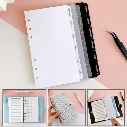 DY.2ten White Binder Dividers for 6-Holes Ring Binder, 1/6 Cut Tabs, A6 Size, Sturdy Plastic Dividers with 6 Tabs for School Office Home, 2 Sets, 12 Dividers, 2 Tab Stickers.
