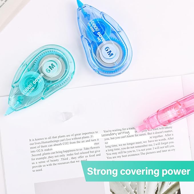 White Correction Tape, Easy To Use Applicator for Instant Corrections, For school, Office (Blue,Green,Pink, 12pack, 6M/256" x 0.2")