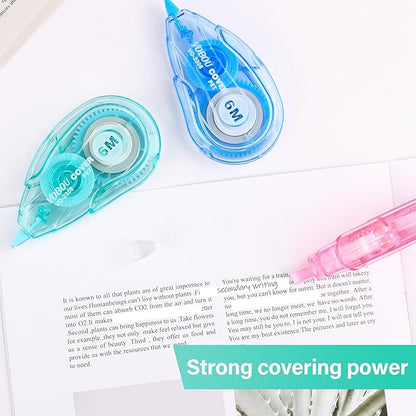 White Correction Tape, Easy To Use Applicator for Instant Corrections, For school, Office (Blue,Green,Pink, 12pack, 6M/256" x 0.2")