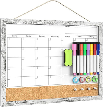 Dry Erase Calendar for Wall, 17"x13" Whiteboard Calendar Cork Board Combo, Magnetic White Board Monthly Calendar with Wood Framed, Hanging Dry Erase Board for Office Kitchen Home Planner Memo