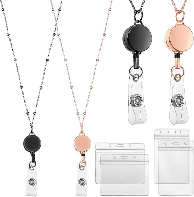 Outus 2 Pieces Badge Lanyard with ID Holders Stainless Steel Badge Holders Necklace Retractable Reel Clip Chain Water Resistant Name(Rose Gold, Black)