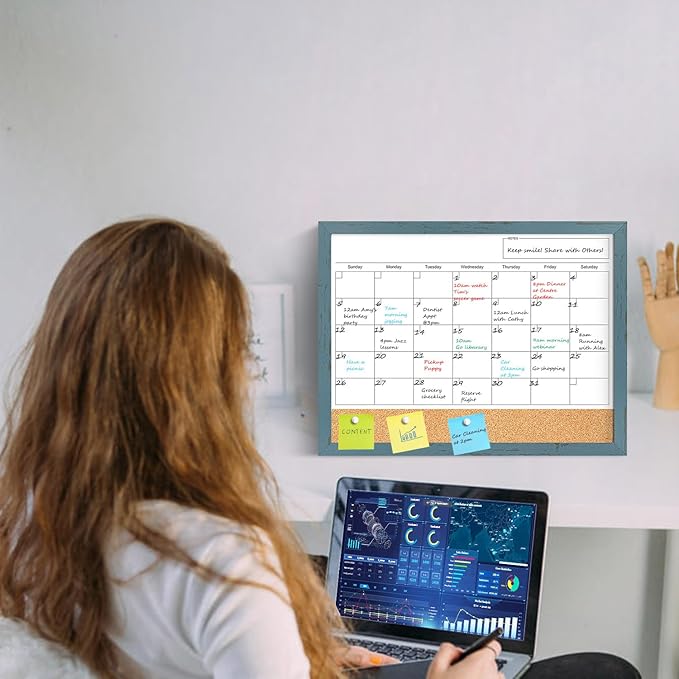 Whiteboard Calendar & Corkboard for Wall, 17"x13" Dry Erase Monthly Calendar with Wood Framed, Magnetic White Board Cork Board Combo, Calendar Bulletin Board for Home Office Kitchen Memo Planner