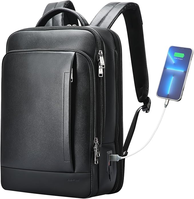 BOPai Genuine Leather Backpack for Men Multi-Function Expand Backpack 15.6 inch Business Laptop Backpack Travel Smart with USB Charging Backpack Office Black