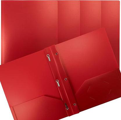 Better Office Products Red Plastic 2 Pocket Folders with Prongs, Heavyweight, Letter Size Poly Folders, 24 Pack, with 3 Metal Prongs Fastener Clips, Red