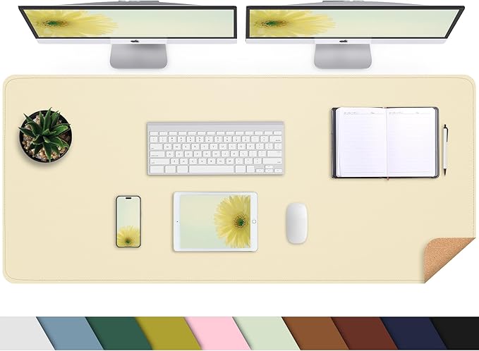 Leather Desk pad Protector, Large Desk mat with Natural Cork & PU Leather,Mouse pad,Non-Slip Office Desk Mat,Waterproof Desk Writing Pad for Office and Home (47in*23.7in, Apricot)