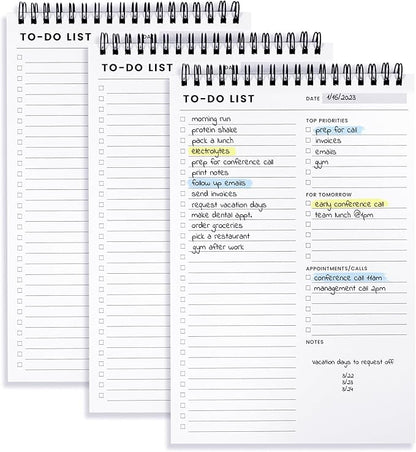 To Do List Notepad 3 Pack: Has Multiple Functional Sections - 6.5 x 9.8" 60 Sheets - Spiral Daily Planner Notebook - Task Checklist Organizer Agenda Pad for Work, Note and Todo Organization