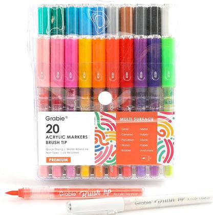 Grabie Acrylic Paint Pens Set, Easy-Flow Brush Tip Painting Markers for Canvas, Wood Crafts, Brush Tip Art Supplies