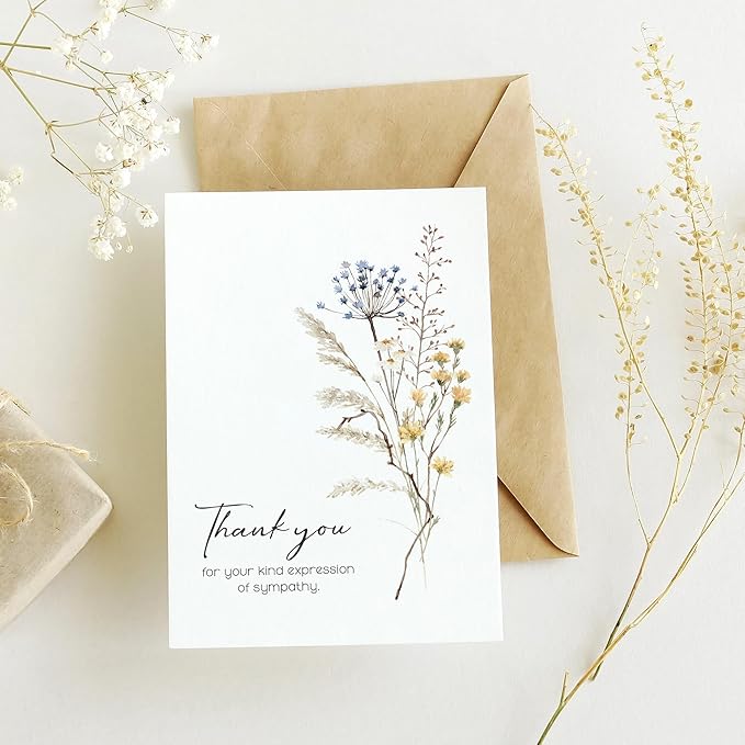 50 Pcs Funeral Thank You Cards with Envelopes Message Inside and Matching Stickers - Bulk 4×6 Watercolor Boho Wildflower Bereavement Thank You Cards for Funeral - Sympathy Thank You with Message Card