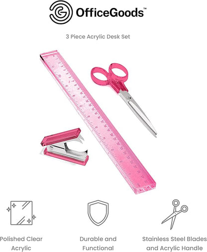 OfficeGoods 3 Piece Acrylic Desk Set - Includes Ruler, Staple Remover, Scissors - Functional & Elegant Desk Accessories - Stationery Tools for Home, Office, and School - Pink with Silver Metal