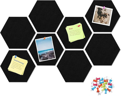 12" Large Bulletin Board with 30 Push Pins, Pack of 8 Hexagon Felt Pin Board Notice Boards for Home Office Kitchen, Felt Wall Tiles for Photos Memos