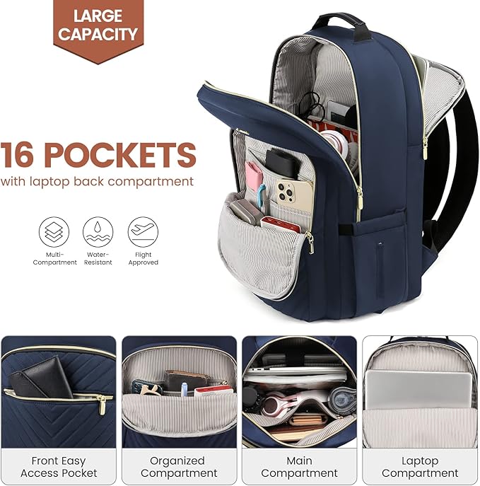 LOVEVOOK Laptop Backpack for Women 17.3 inch,Cute Womens Travel Backpack Purse,Professional Laptop Computer Bag,Waterproof Work Business College Teacher Bags Carry on Backpack with USB Port,Navy Blue
