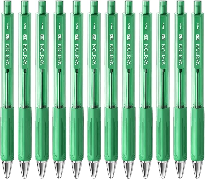 Writon Retractable Ballpoint Pens, Triangle Grip and Barrel, 1.0mm Medium Point, Green Ink, 12 Pack