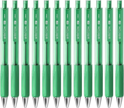 Writon Retractable Ballpoint Pens, Triangle Grip and Barrel, 1.0mm Medium Point, Green Ink, 12 Pack