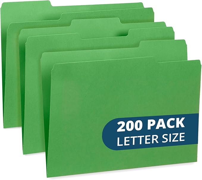 Blue Summit File Folders, Letter Size, 1/3 Tab, Green, Great for Organizing and Easy File Storage, 200 Per Box