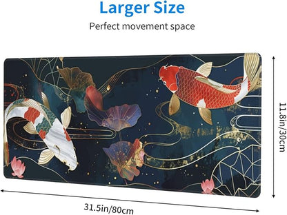 Gaming Mouse Pad Desk Pad,Extended Big Mouse Pad,31.5x11.8 Inch Long Computer Keyboard Mouse Mat Mousepad with 3mm Non-Slip Base and Stitched Edge for Gaming and Office… (koi)