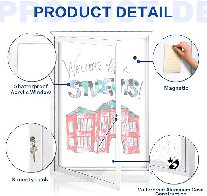 SWANCROWN Enclosed Bulletin Board Magnetic Dry Erase Board 36” x 24” Weatherproof Notice Board for Outdoor Public School Office