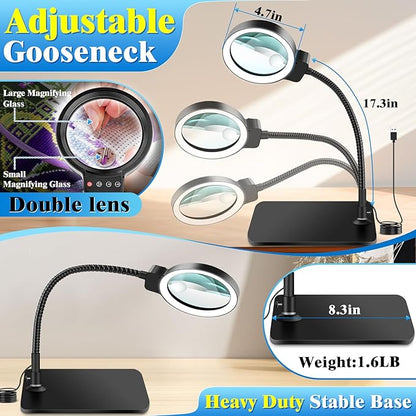 30X 10X Magnifying Glass with Light and Stand, 72 LED 3 Color Modes Stepless Dimmable, Hands Free Lighted Magnifier Desk Lamp for Close Work Craft Hobby Painting Sewing Jewelry Reading, Square