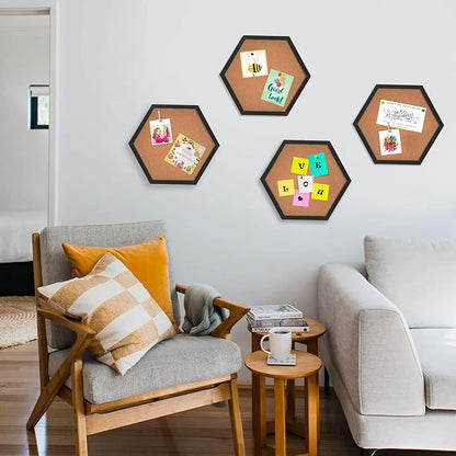 Cork Bulletin Board Hexagon Black, Small Framed Corkboard Tiles for Wall, Thick Decorative Display Boards for Home Office Decor, School Message Board with 16 Push Pin Wood Clips (4 Pack)