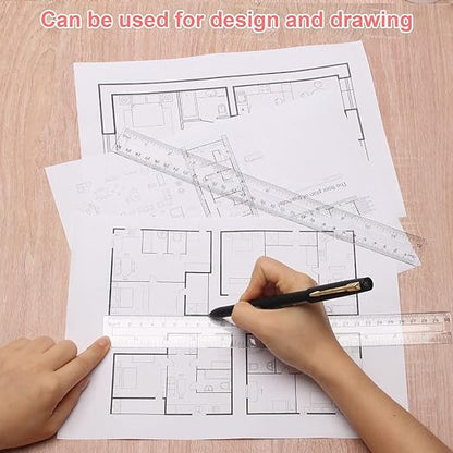 2 Pack-12 inch Clear Plastic Ruler Straight Shatterproof Transparent Rulers for Office Supply (Clear)