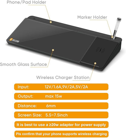SELEAD Desktop Glass Whiteboard with Wireless Charger Station, Dry Erase Board Computer Pad Keyboard Stand with Organizer for Home, School, Office Desk Accessories, Black
