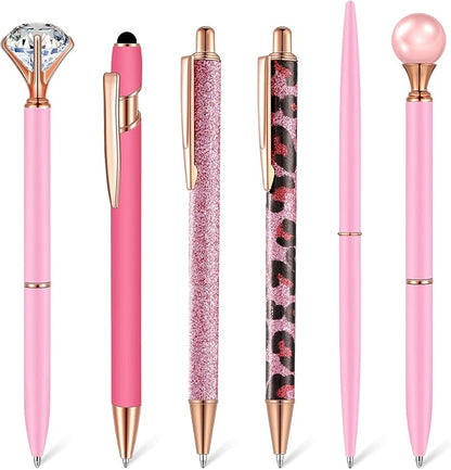 6 Pcs Ballpoint Pens Set Metal Crystal Diamond Pen for Journaling Glitter Pretty Cute Stationery Black Ink Fancy Gifts for Women Girls Teacher Office Wedding School Supplies(Pink Series)