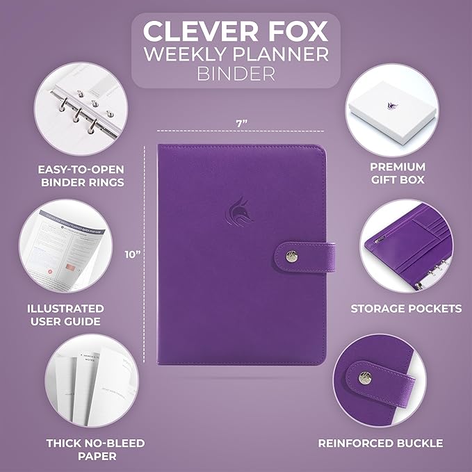 Clever Fox Weekly Planner Binder – Goal Setting Planner for Time Management & Weekly Tasks – Work & Life Organizer with to Do List & Habit Tracker – Undated, 7″ x 9″ Hardcover (Purple)