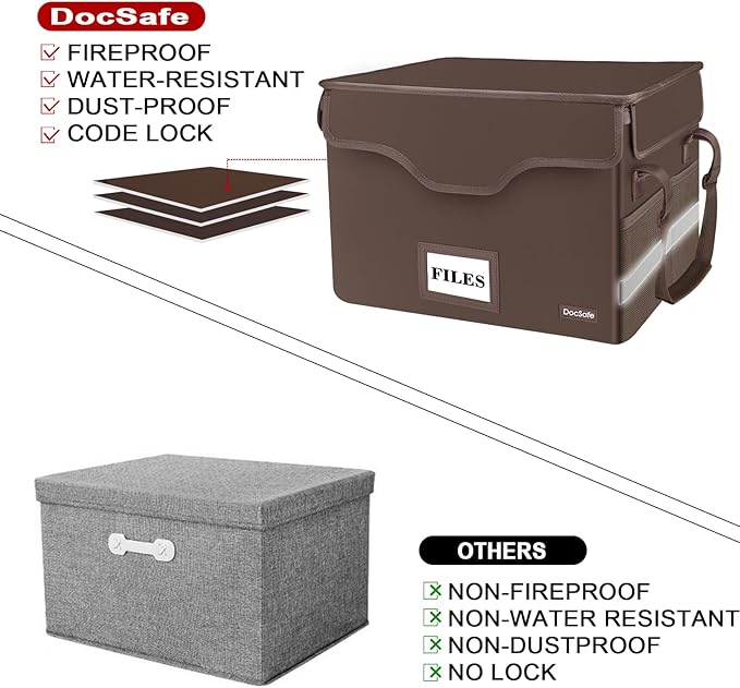 DocSafe File Box Fireproof Document Box with Lock, File Storage Organizer Box with Pockets,Collapsible Portable File Box Home Office File Cabinet with Handle for Hanging Letter/Legal Folder,Brown