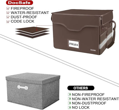 DocSafe File Box Fireproof Document Box with Lock, File Storage Organizer Box with Pockets,Collapsible Portable File Box Home Office File Cabinet with Handle for Hanging Letter/Legal Folder,Brown