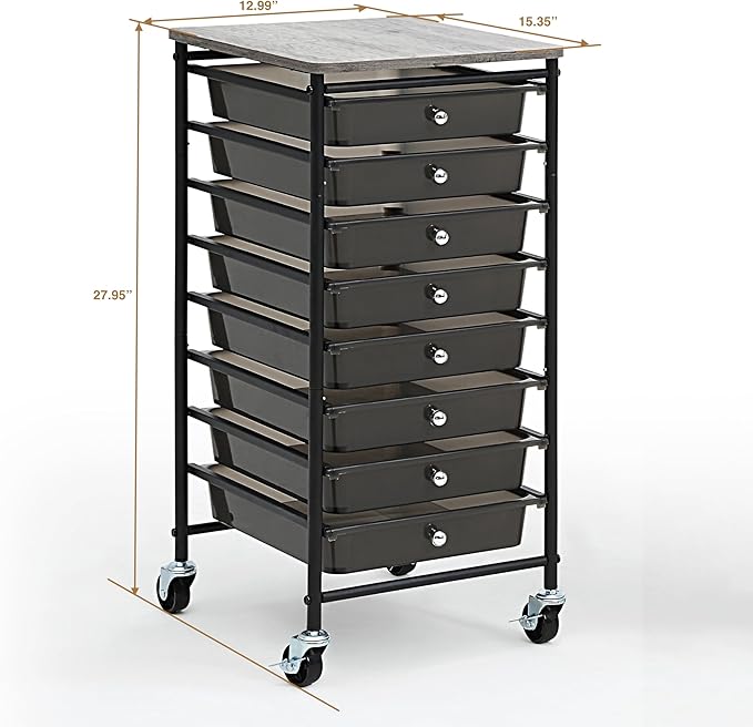 SunnyPoint Wooden Top Compact Rolling Storage 8 Drawers Organizer Mobile Utility Cart, Under Desk Storage Cart with Caster Wheels (Compact 8 Drawers, Black)