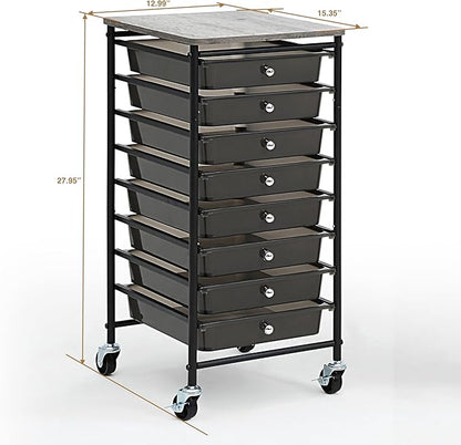 SunnyPoint Wooden Top Compact Rolling Storage 8 Drawers Organizer Mobile Utility Cart, Under Desk Storage Cart with Caster Wheels (Compact 8 Drawers, Black)