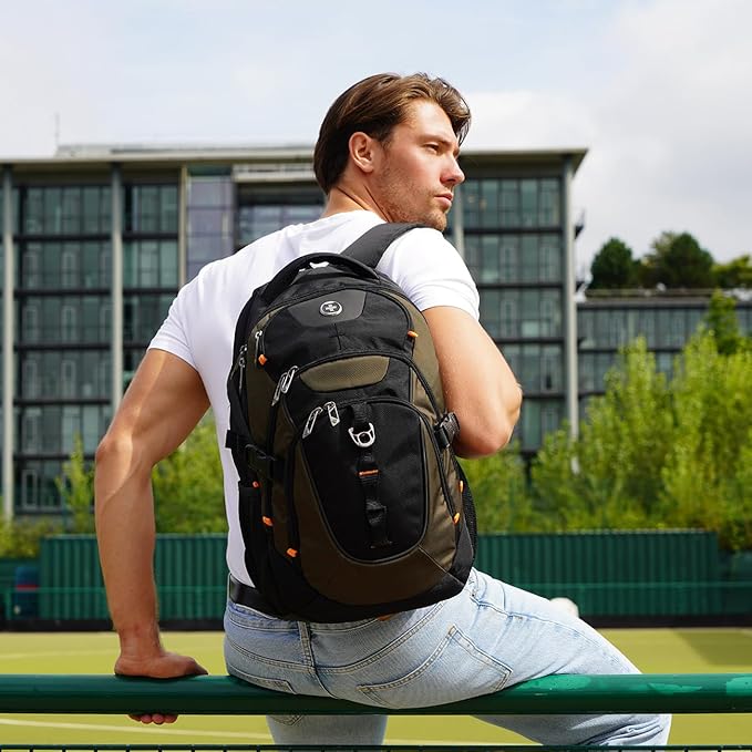 Swissdigital Design Large Business Laptop Backpack with Smart USB Charging Port, Travel Backpack Fits 15.6 inches laptops, Water Repellent College Backpack for Men Women (VECTOR SD803-26 Olive/Black)