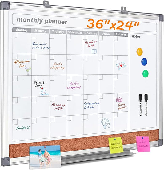 MAKELLO Dry Erase Calendar for Wall 36x24 in, Large Calendar Whiteboard with Cork Board for Office, Home, School, Family, Kitchen and Bedroom, 3' x 2'