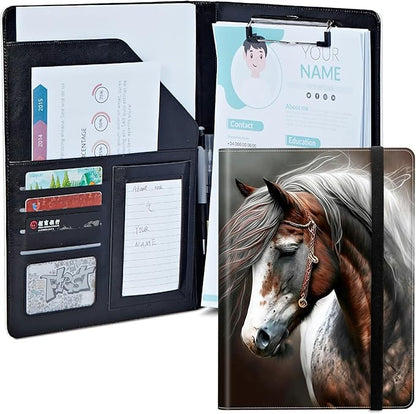 Horse Padfolio Folder with Clipboard,Portfolios Organizer Clipboards with Storage Clipboard Writing Pad PU Leather Conference Document Organizer with Business Card Holder