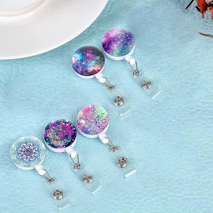 Retractable ID Badge Holder Nurse Badge Reels with Clip Name Card Holders for Office Worker Doctor Nurse (5 Pack Mandala Starry Sky)