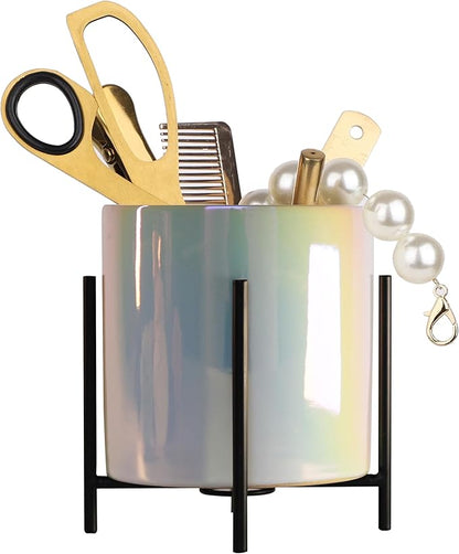 Ceramic Iridescent Pen Holder for Girls and Woman Durable Desk Organizer & paper clip for Office, Classroom, Home