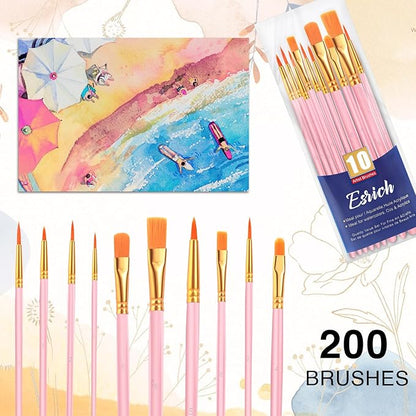 ESRICH Acrylic Paint Brushes Set, 20 Packs / 200 Pcs Nylon Hair Paint Brushes,Paint Brush Set Suitable for Oil,Watercolor,Rock Body Face Art, Kids Adult Perfect Art Painting Craft Paint Brush Kits.