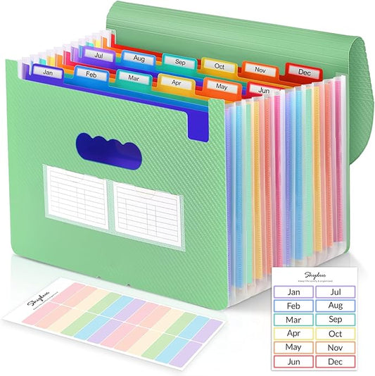 SKYDUE File Organizer, 12 Pockets Accordian File Organizer, Letter Size Expanding File Folder with Colored Tabs and Expandable Cover Portable Bill Receipt Organizer Green