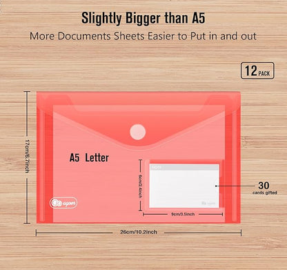 A5 Plastic Envelopes,24 Document Wallets A5,6 Colour A5 Poly Envelopes for Filing Documents with Perforated Edge/Label Pocket and 20 Pieces Gifted Business Card for Document Stationery Organization
