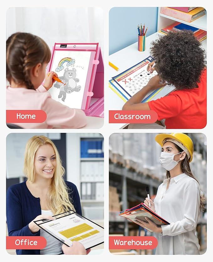 Gamenote Dry Erase Pockets 30 Pack with Rings, Oversized Reusable Plastic Sleeves Shop Ticket Holders Sheet Protectors Teacher Supplies for Classroom Organization (Colorful)