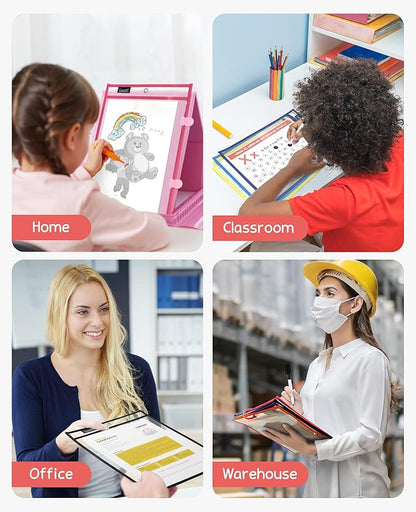 Gamenote Dry Erase Pockets 30 Pack with Rings, Oversized Reusable Plastic Sleeves Shop Ticket Holders Sheet Protectors Teacher Supplies for Classroom Organization (Colorful)