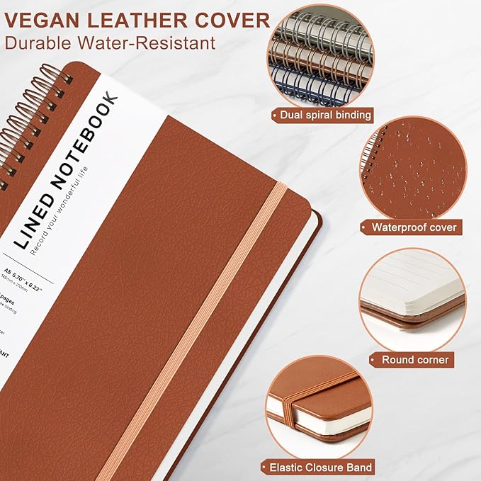 ABERLLS Brown Lined Spiral Journal Notebook with 160 Pages, 8×5.7in, A5 Spiral Notebook, Journaling Notebooks for Work, School, Women, Men, College Ruled Spiral Notebook, Hardcover Leather Journals