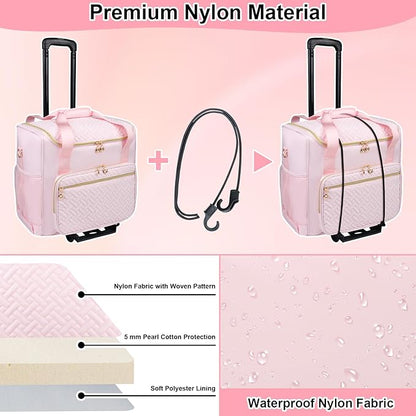 Rolling Teacher Tote Bag with Detachable Trolley, Wheeled Teacher Bag with 15 Inch Laptop Compartment, Soft Nylon Multifunctional Tote Bag with Wheels for Teaching& Office Supplies (Pink)