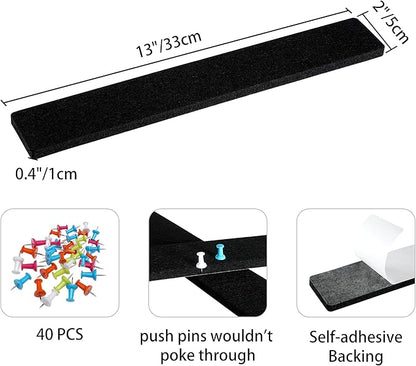 Cork Board for Walls - 8 Pack Felt Pin Board Bar Strips - Self-Adhesive Lightweight Bulletin Board - Black Cork Board for Office with 40 Push Pins No Damage for Wall